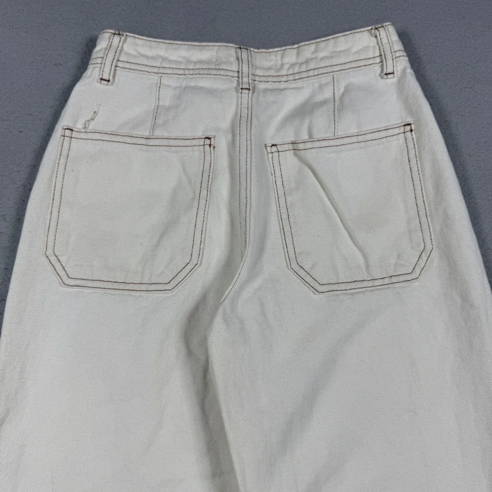 Zara Womens Cream Wide Leg Pants Contrast Stitch Cotton Linen Blend Size 0